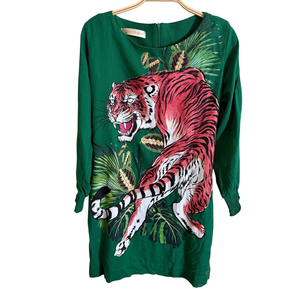 Carmen Steffens Green Tiger Tropical Print Mini Dress Long Split Sleeve Smocked